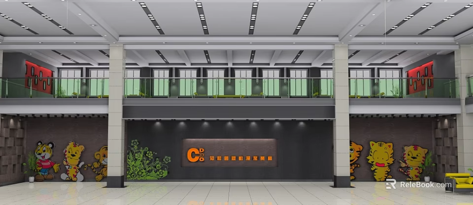 Modern Front Desk Reception Area Design With Company Logo Background Wall And Decorative Lighting 3d model 