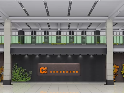 Modern Front Desk Reception Area Design With Company Logo Background Wall And Decorative Lighting 3d model