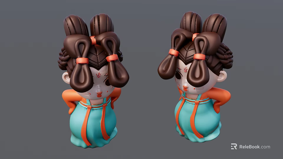 Cute Cartoon Character Sculptures With Double Bun Hairstyle Orange Ribbons And Blue Outfit 3d model 