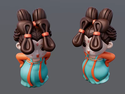 Cute Cartoon Character Sculptures With Double Bun Hairstyle Orange Ribbons And Blue Outfit 3d model