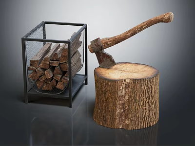 Wooden Logs In Metal Basket Alongside Tree Stump And Axe With Wooden Handle 3d model