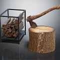 Wooden Logs In Metal Basket Alongside Tree Stump And Axe With Wooden Handle