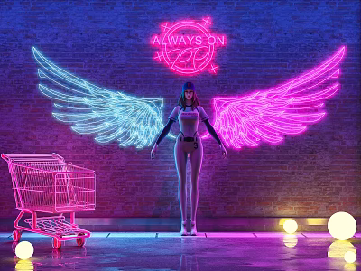 Game Character With Neon Wings Always On Sign Against Brick Wall And Pink Shopping Cart 3d model