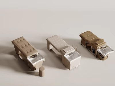 Three Different Brown And Beige Furniture Models With Upholstered Seats And Small Stool 3d model