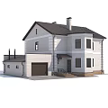 Two Story White Detached House With Black Roof Multiple Windows And Chimney