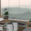 Zen Sofa Coffee Table Set With Wooden Elements Potted Orchid Buddha Statue And Mountain View