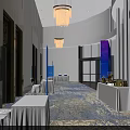 Spacious Lobby Interior With Long Corridor Chandeliers White Tables Blue Decorations And Patterned Carpet 3d model