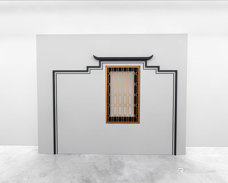Modern Chinese Interior Wall Panel With Black Trim And Golden Lattice Design 3d model 