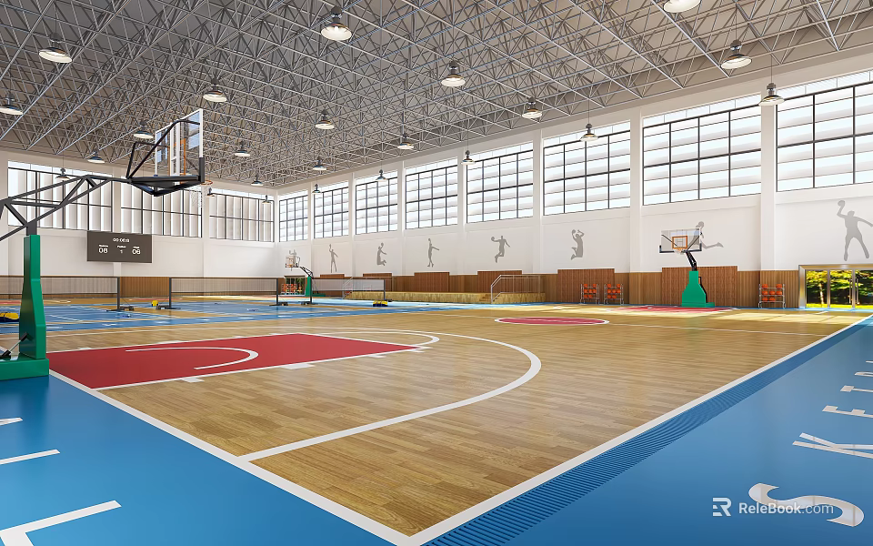 Spacious Basketball Gymnasium With Multiple Courts Wooden Flooring Blue Red Areas Windows And Ceiling Lights 3d model 