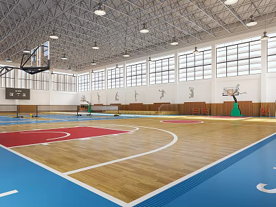Spacious Basketball Gymnasium With Multiple Courts Wooden Flooring Blue Red Areas Windows And Ceiling Lights 3d model