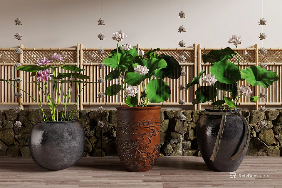 Garden Water Fountain With Lotus Flowers Green Leaves In Pots Bamboo Fence And Stone Wall 3d model 