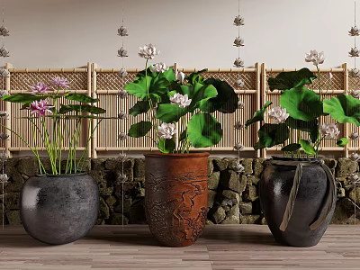 Garden Water Fountain With Lotus Flowers Green Leaves In Pots Bamboo Fence And Stone Wall 3d model