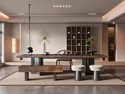 Tranquil Tea Room Interior With Long Wooden Table Benches Stools Wooden Bookshelf And Potted Plant 3d model