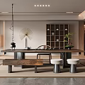 Tranquil Tea Room Interior With Long Wooden Table Benches Stools Wooden Bookshelf And Potted Plant