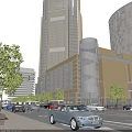 Modern Office Building With Tall Glass Facade And Cylindrical Structure Near Street Trees And Cars
