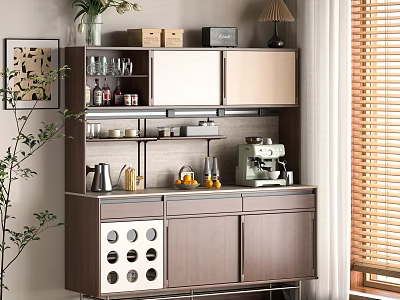 Modern Wooden Sideboard with Wine Rack Open Shelves Coffee Machine and Decor Items 3d model