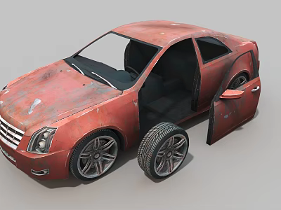 Old Rusty Red Car With Open Doors And Wheel Placed Beside It 3d model Old Rusty Red Car With Open Doors And Wheel Placed Beside It 3d model