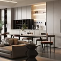 Modern Living and Dining Room Interior With Large Windows Blinds Sofa Dining Table And Plants