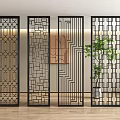 Modern Room Divider Screens with Geometric Patterns and Metal Frames in Interior 3d model