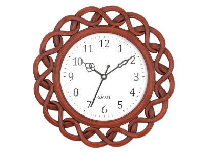 Round Wooden Wall Clock with Woven Pattern White Dial Black Numbers Hands and Quartz 3d model