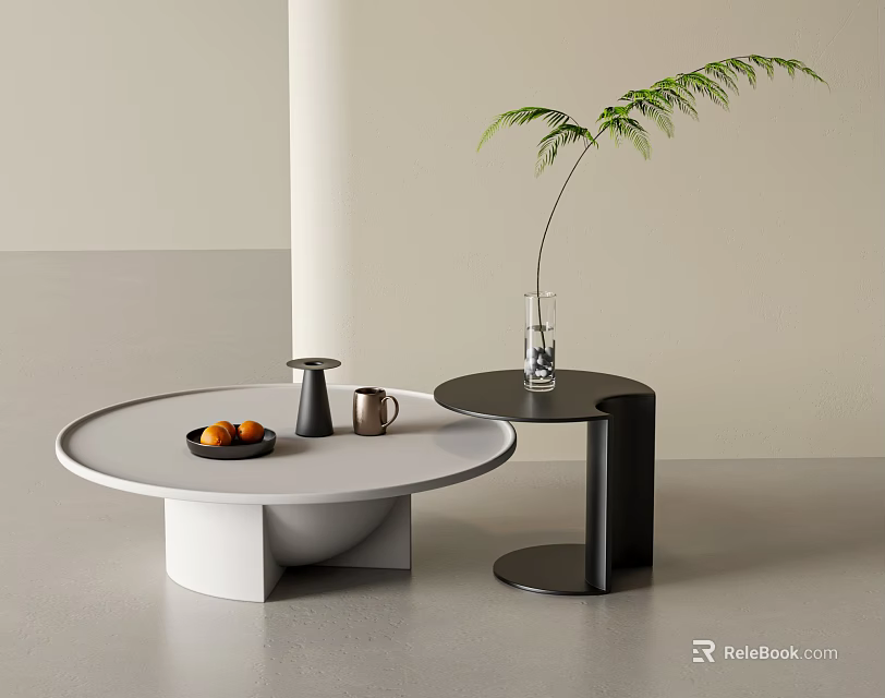 Modern Round Coffee Table With White Top Unique Base And Side Table Green Plant Vase 3d model 