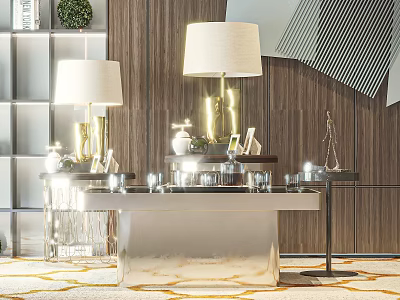 Sleek Modern Coffee Table With Metallic Frame Table Lamps Wooden Wall And Geometric Mirror 3d model