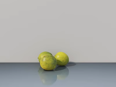 Three Fresh Green Lemons on Gray Table with Gray Background 3d model