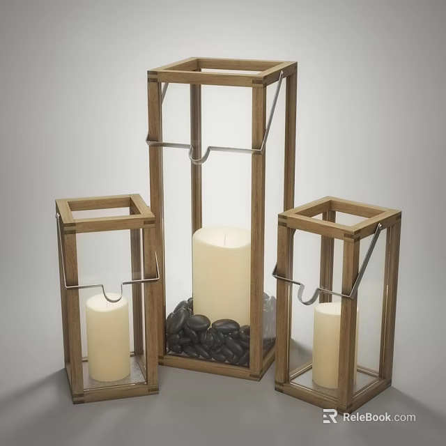 Three Decorative Wooden Candle Lanterns with Clear Glass Black Pebbles and Candles for Home Decor 3d model 