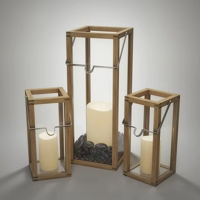 Three Decorative Wooden Candle Lanterns with Clear Glass Black Pebbles and Candles for Home Decor 3d model