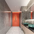Public Restroom Interior With Gray Walls Blue Tiled Wall Double Sinks And Large Mirror
