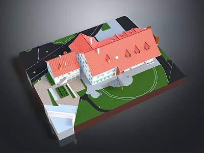 Architectural Model of Residential Buildings With Red Roofs Green Lawn and Pathway 3d model