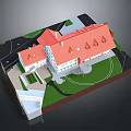 Architectural Model of Residential Buildings With Red Roofs Green Lawn and Pathway
