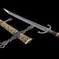 Antique Sword With Intricate Gold Patterned Scabbard And Ornate Metal Hilt Design
