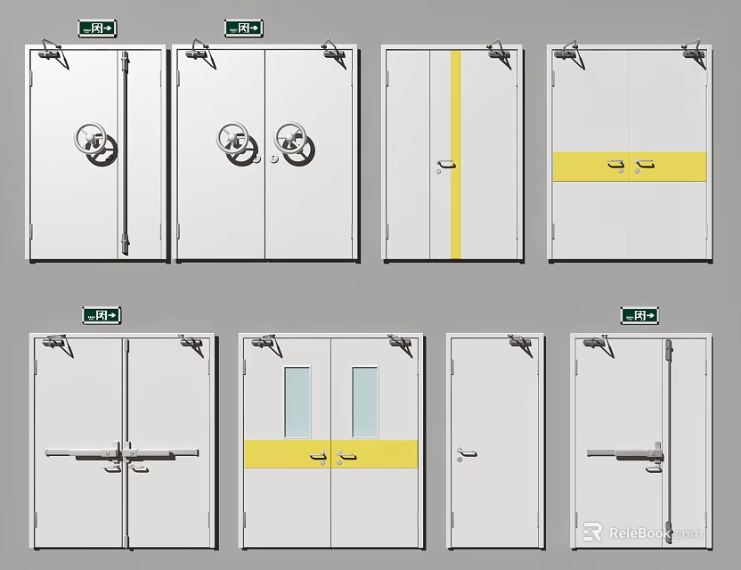 Various Door Designs With Handles Yellow Strips And Observation Windows 3d model 