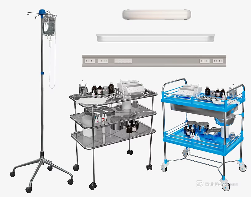 Essential Medical Devices Including IV Stand Lamp And Mobile Instrument Carts With Supplies 3d model 