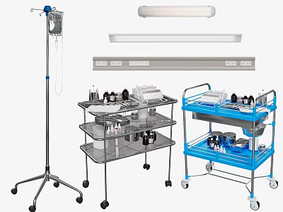 Essential Medical Devices Including IV Stand Lamp And Mobile Instrument Carts With Supplies 3d model