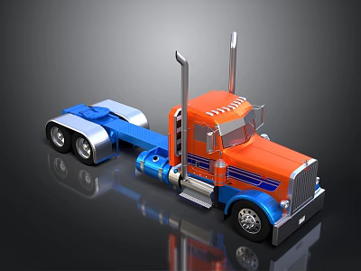 Orange and Blue Semi Truck 3D Model with Shiny Exterior and Cab Design 3d model
