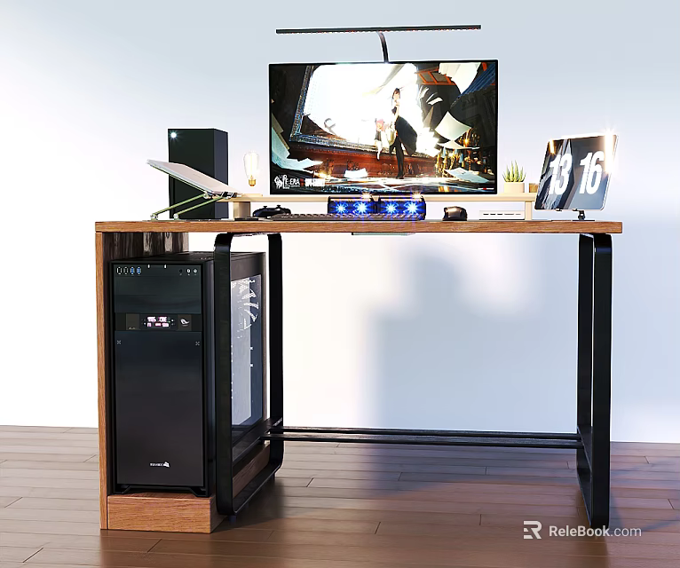Modern Home Office Desk Setup With Monitor Speakers Potted Plant Photo Frame And PC Tower 3d model 