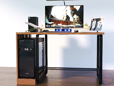 Modern Home Office Desk Setup With Monitor Speakers Potted Plant Photo Frame And PC Tower 3d model