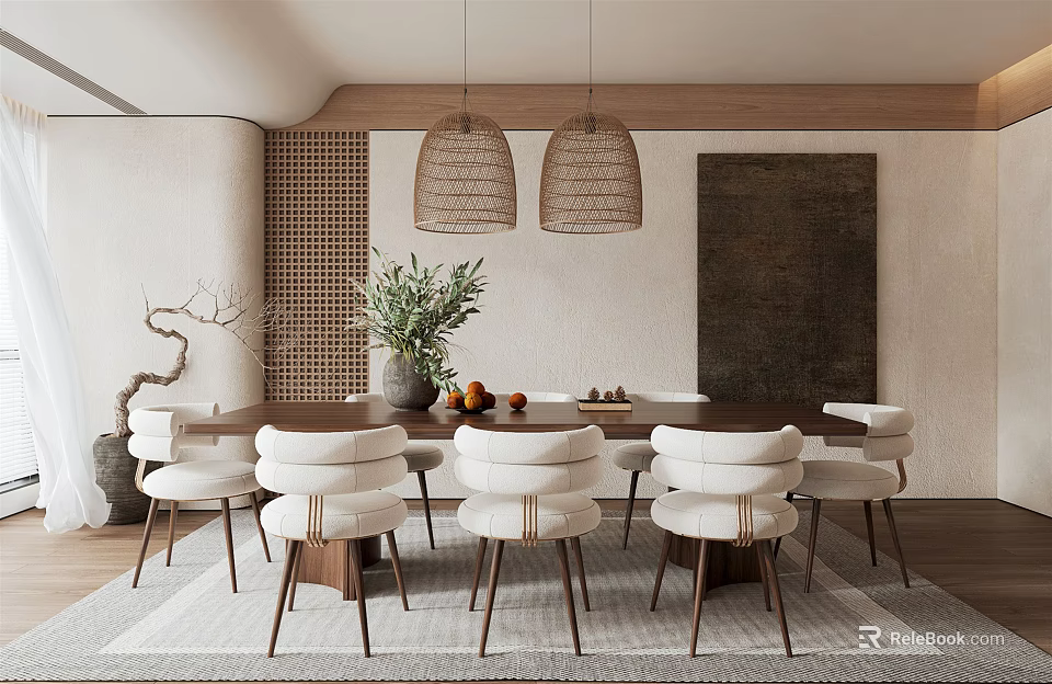 Modern Open Concept Restaurant Dining Area With Wooden Table Woven Pendant Lights And Green Plants 3d model 