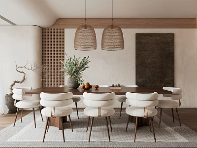 Modern Open Concept Restaurant Dining Area With Wooden Table Woven Pendant Lights And Green Plants 3d model