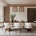 Modern Open Concept Restaurant Dining Area With Wooden Table Woven Pendant Lights And Green Plants