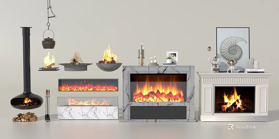 Various Fireplace Designs With Realistic Flame Effects And Marble Finishes 3d model 