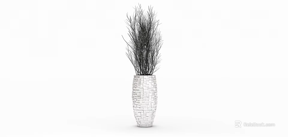 Stylish Bonsai Potted Plant in White Brick Patterned Vase with Black Twig Branches 3d model 