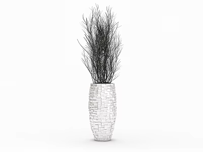 Stylish Bonsai Potted Plant in White Brick Patterned Vase with Black Twig Branches 3d model