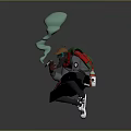 Squatting Character Wearing Green Hat Red Mask with Floating Green Biomorphic Creature and Drink Bottles