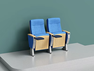 Two Blue Upholstered Public Chairs With Wooden Armrests Against Green Wall 3d model