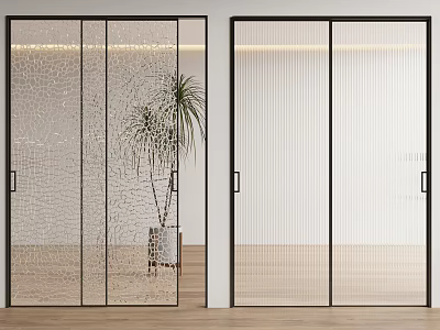 Interior Design Featuring Cracked Glass and Ribbed Glass Sliding Doors with Plant and Wooden Floor 3d model