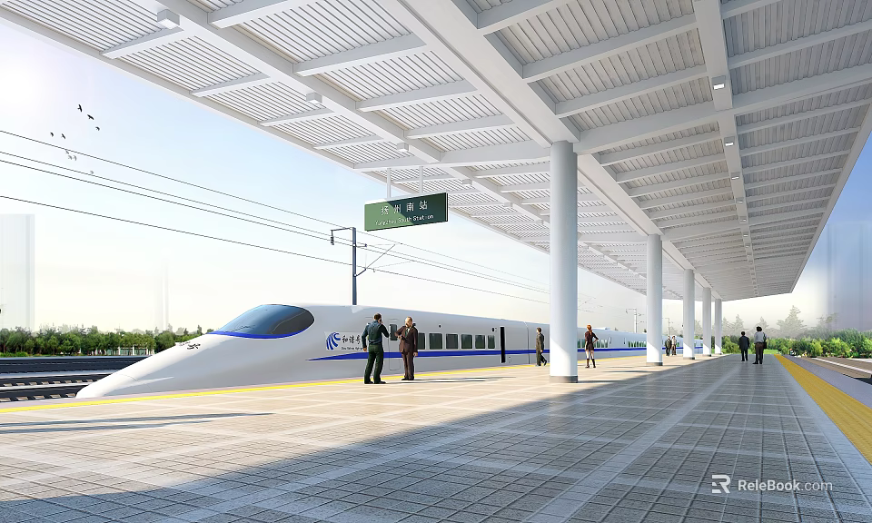 Modern High Speed Railway Station Platform With White Pillars High Speed Train and People 3d model 