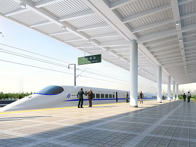 Modern High Speed Railway Station Platform With White Pillars High Speed Train and People 3d model